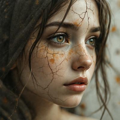 The primary subject of the image is a woman with a beautiful face. She is wearing a brown shawl and has a scar on her face. The setting is a room with a wall in the background. The visual style is a close-up of the woman's face, and the colors and mood are warm and inviting.